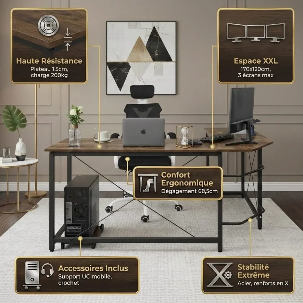 Bureau d'Angle en L 170cm - Station de Travail Gaming et Télétravail BUREAU NOMADE