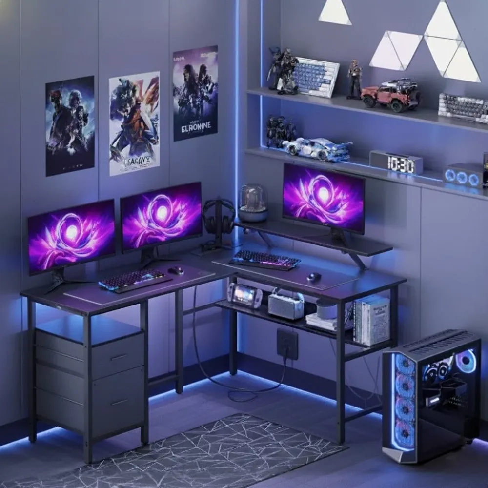 Bureau Gaming LED en Forme de L avec Prises Intégrées et Support Moniteur Ergonomique BUREAU NOMADE