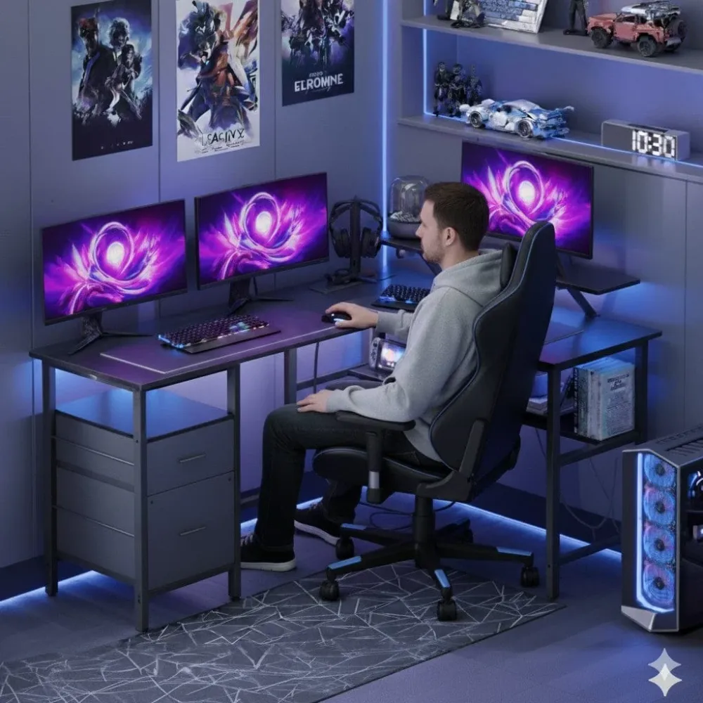 Bureau Gaming LED en Forme de L avec Prises Intégrées et Support Moniteur Ergonomique BUREAU NOMADE