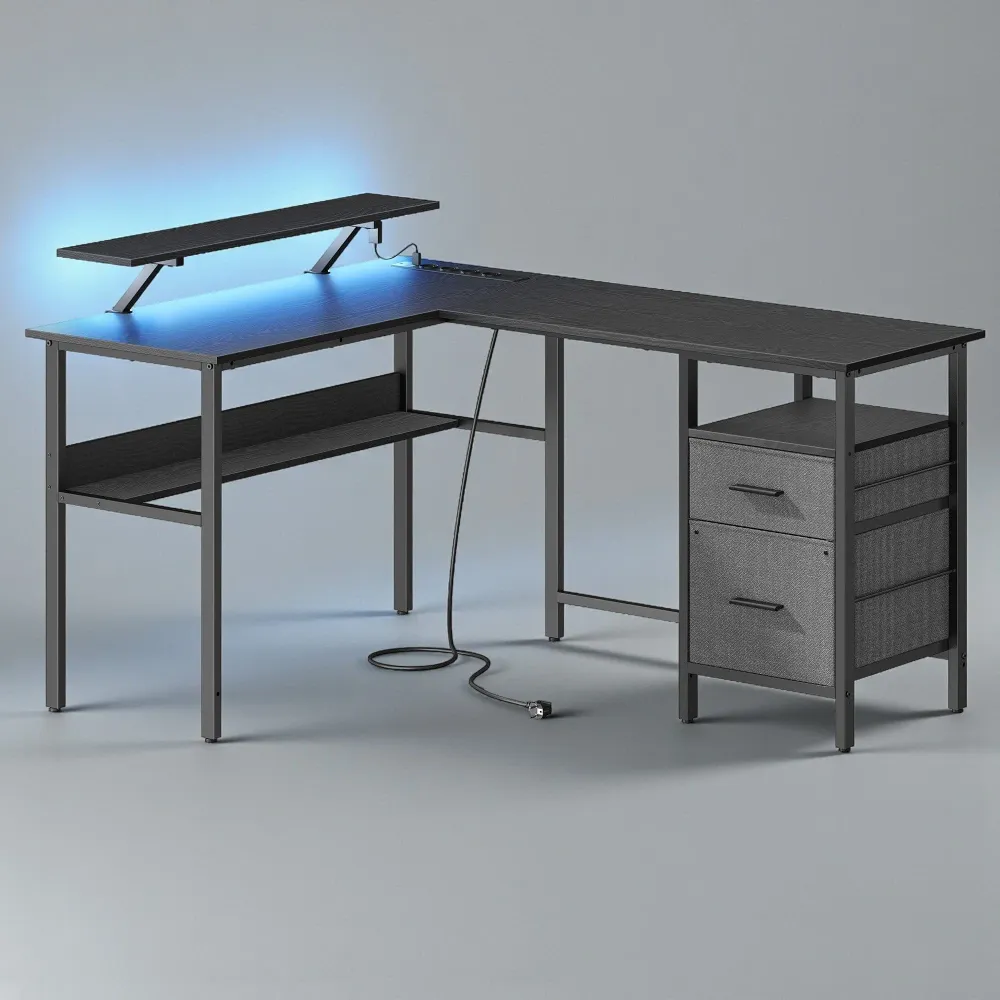 Bureau Gaming LED en Forme de L avec Prises Intégrées et Support Moniteur Ergonomique BUREAU NOMADE