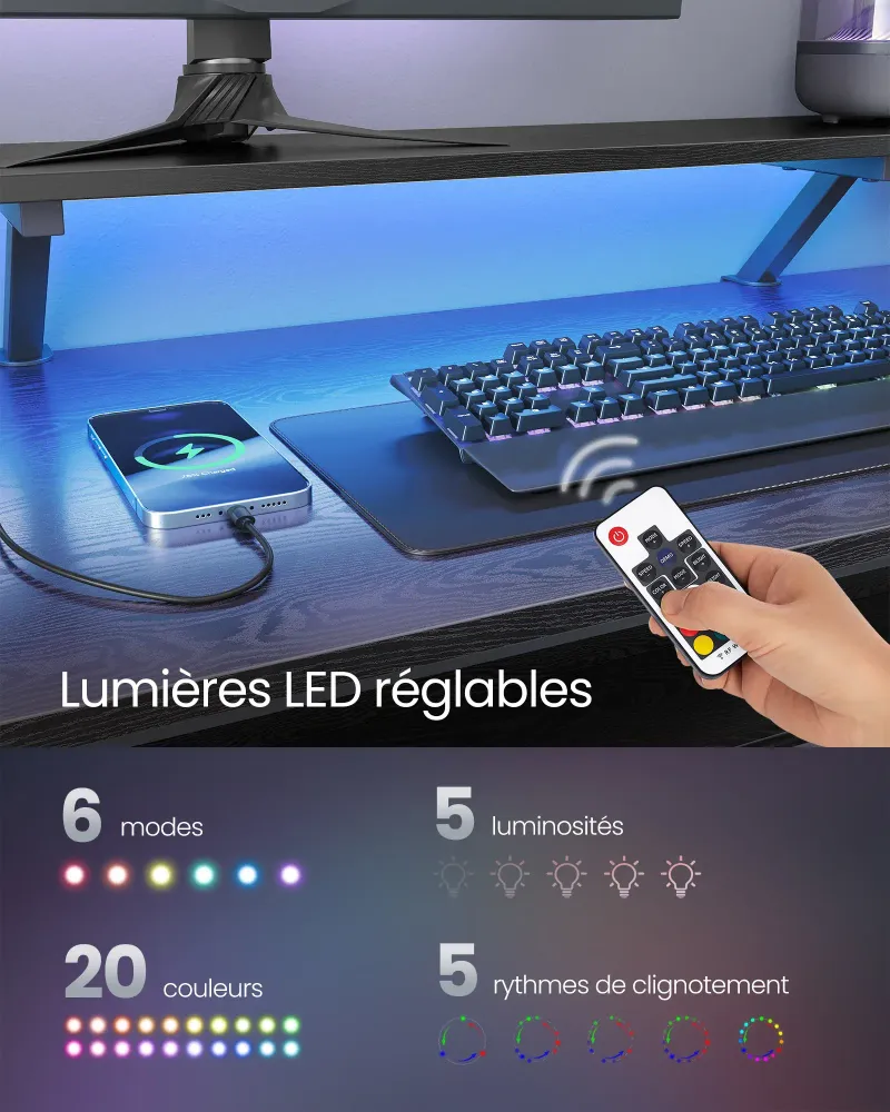 Bureau Gaming LED en Forme de L avec Prises Intégrées et Support Moniteur Ergonomique BUREAU NOMADE