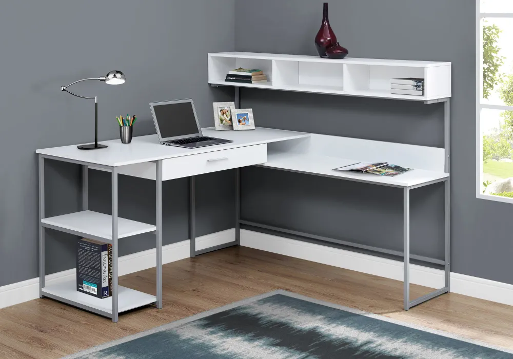 BUREAU ORDINATEUR - COIN BLANC / METAL ARGENT