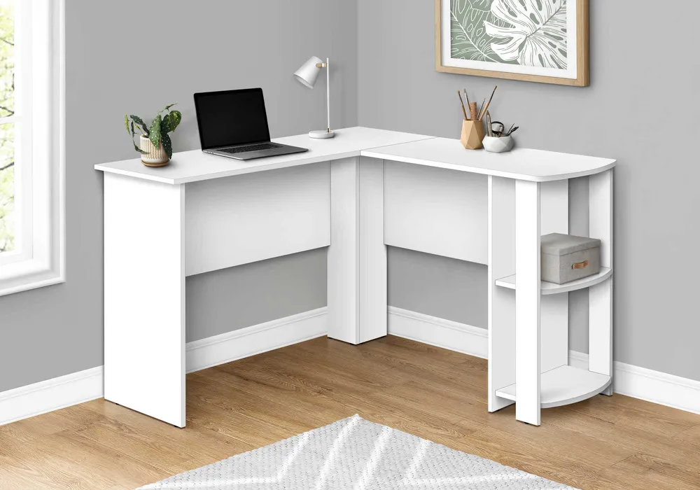 BUREAU ORDINATEUR - COIN EN L BLANC / 2 ÉTAGÈRES ( Meuble Mtl )