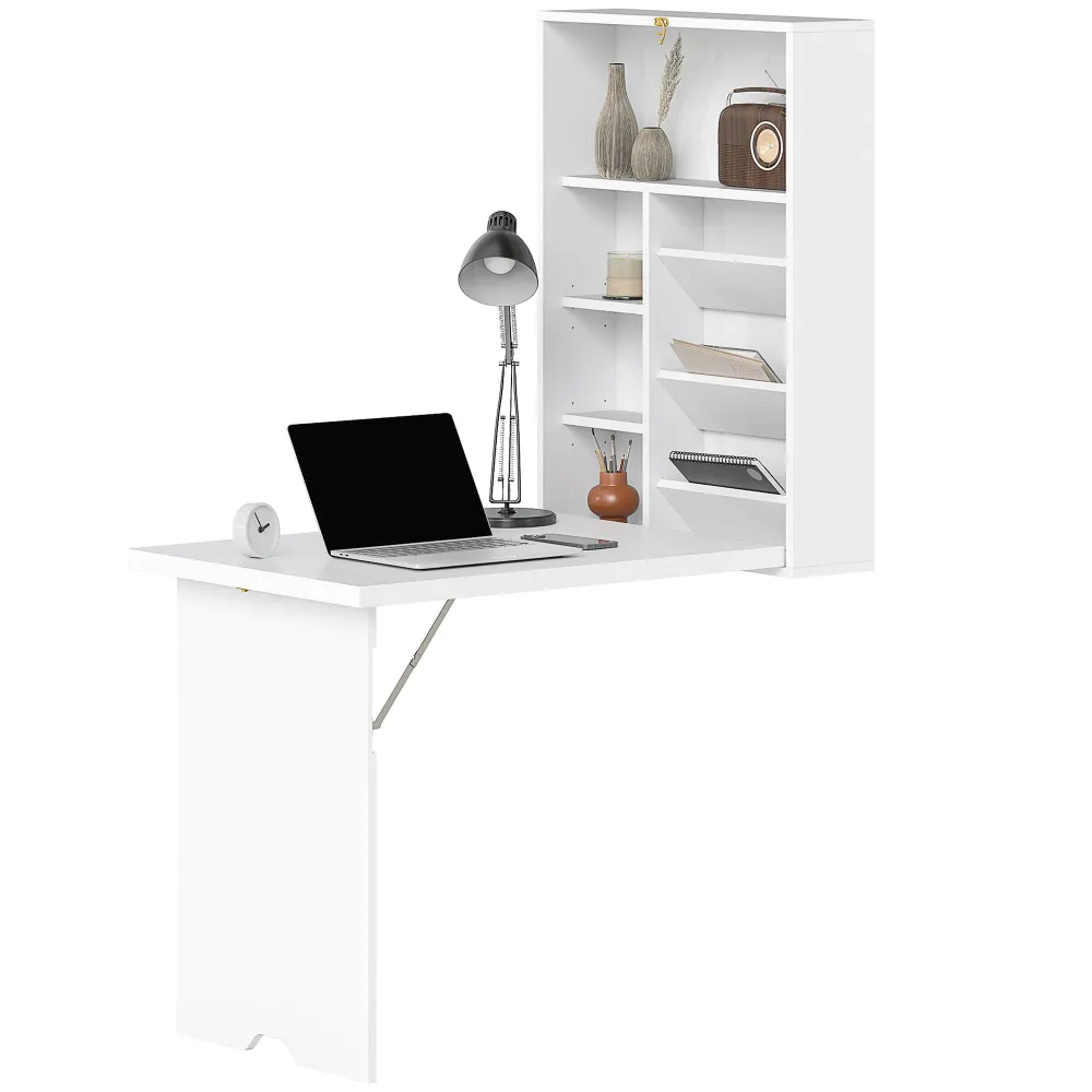 Bureau pliable mural avec étagères de rangement, bureau rabattable, table murale pliante, gain de place idéal pour salon,...