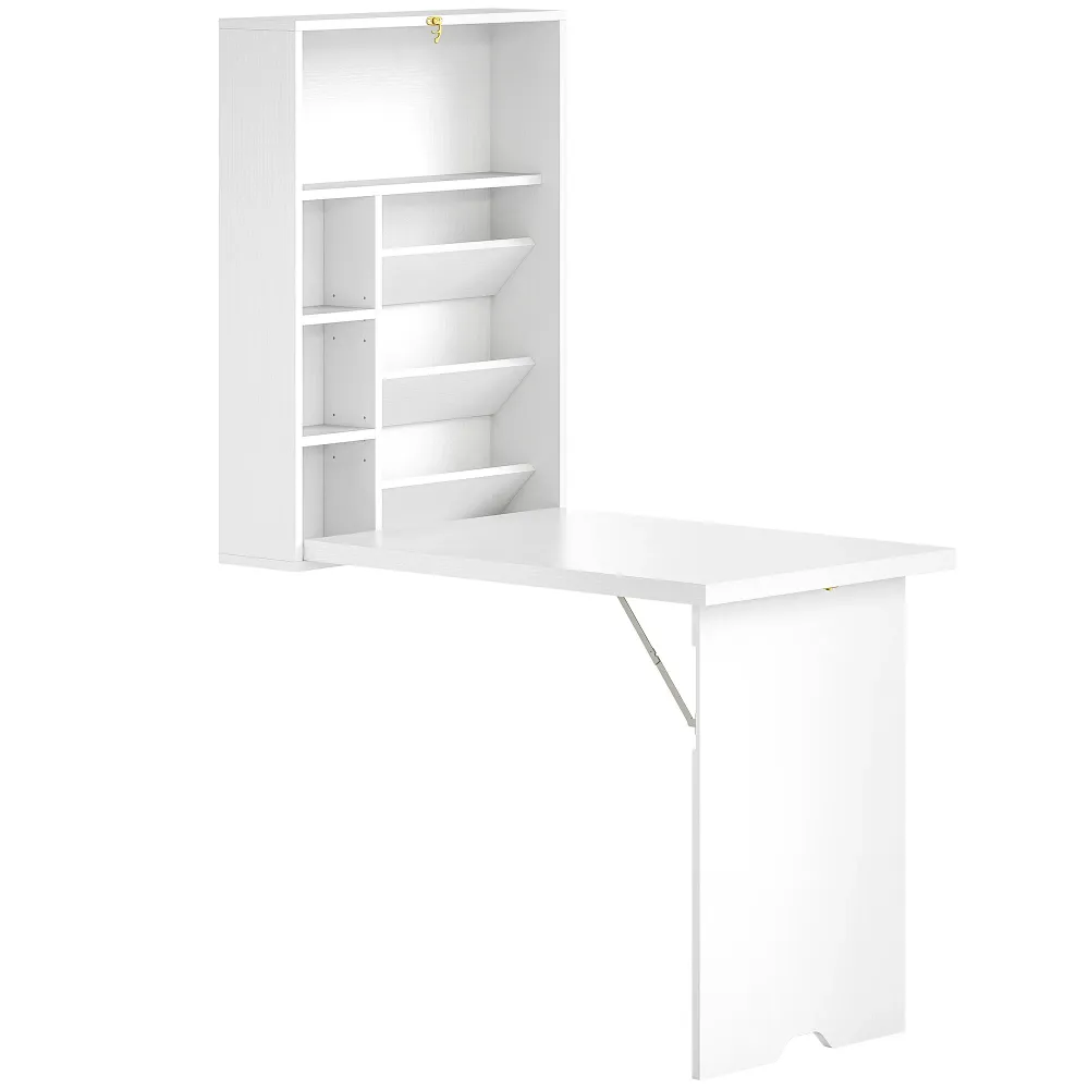 Bureau pliable mural avec étagères de rangement, bureau rabattable, table murale pliante, gain de place idéal pour salon,...