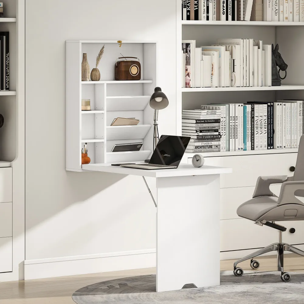 Bureau pliable mural avec étagères de rangement, bureau rabattable, table murale pliante, gain de place idéal pour salon,...