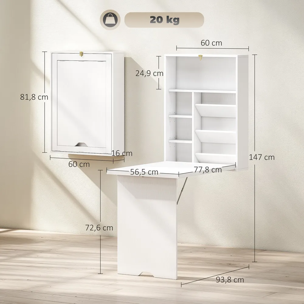 Bureau pliable mural avec étagères de rangement, bureau rabattable, table murale pliante, gain de place idéal pour salon,...