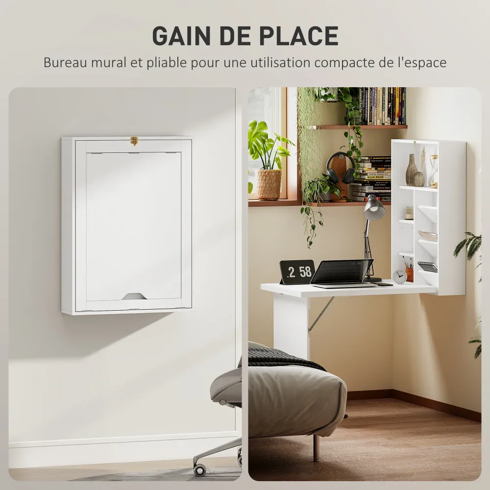 Bureau pliable mural avec étagères de rangement, bureau rabattable, table murale pliante, gain de place idéal pour salon,...
