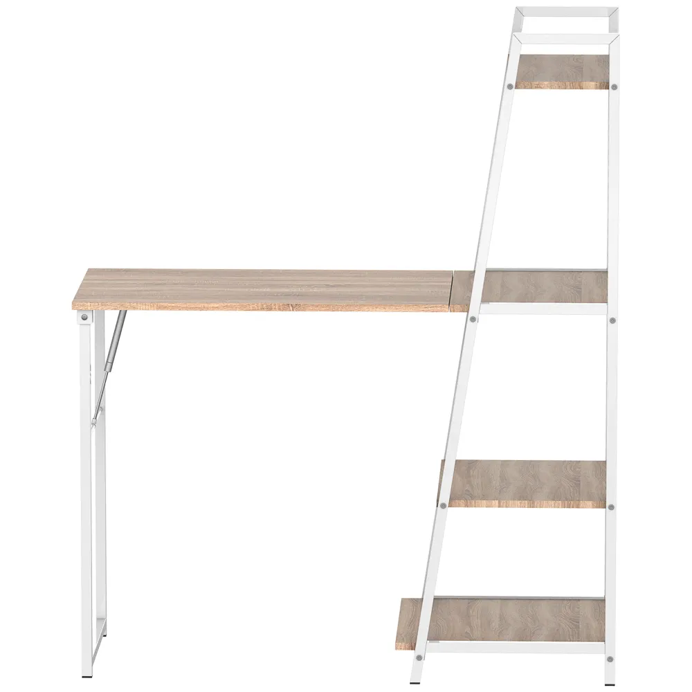 Bureau Pliable Rabattable - Bureau bibliothèque 2 en 1-4 étagères - Imitation Bois chêne Clair métal Blanc