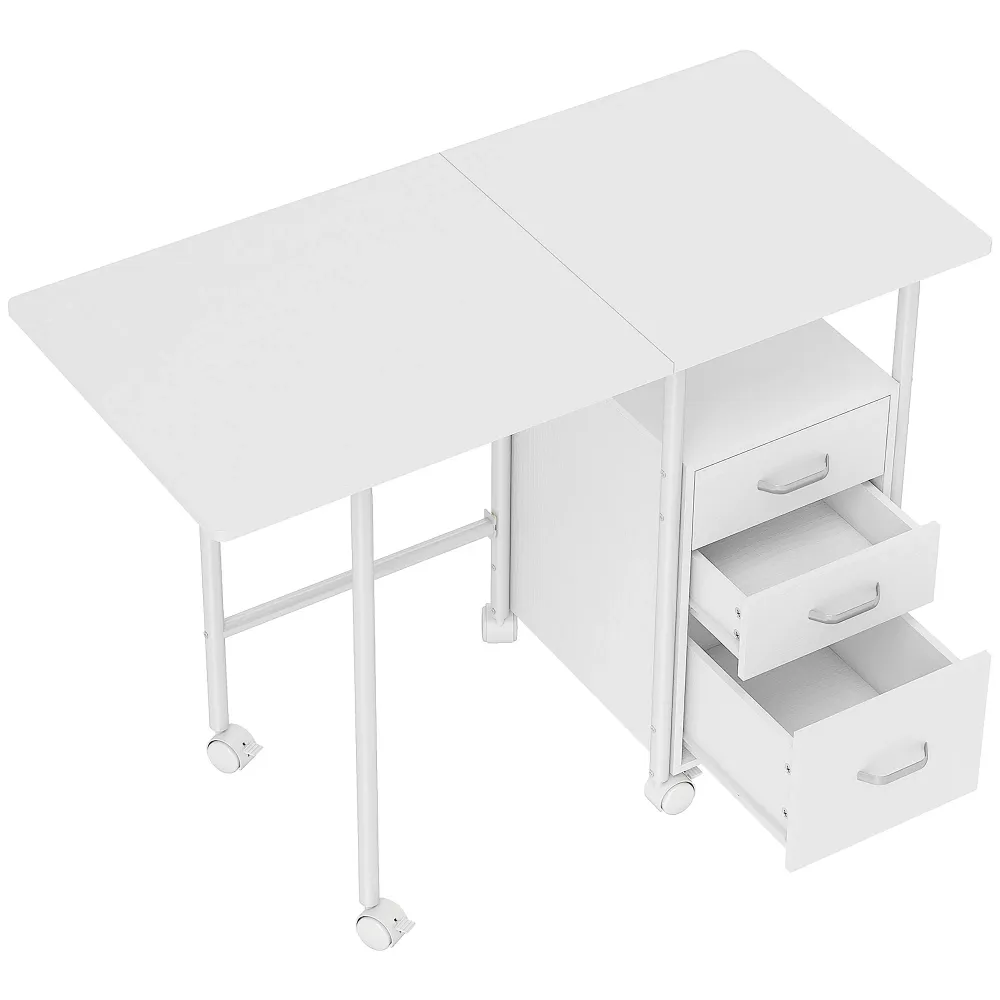 Bureau pliable sur roulettes avec 3 tiroirs, bureau d'ordinateur, plateau extensible, cadre en acier, 105x51x75,5cm, pour...
