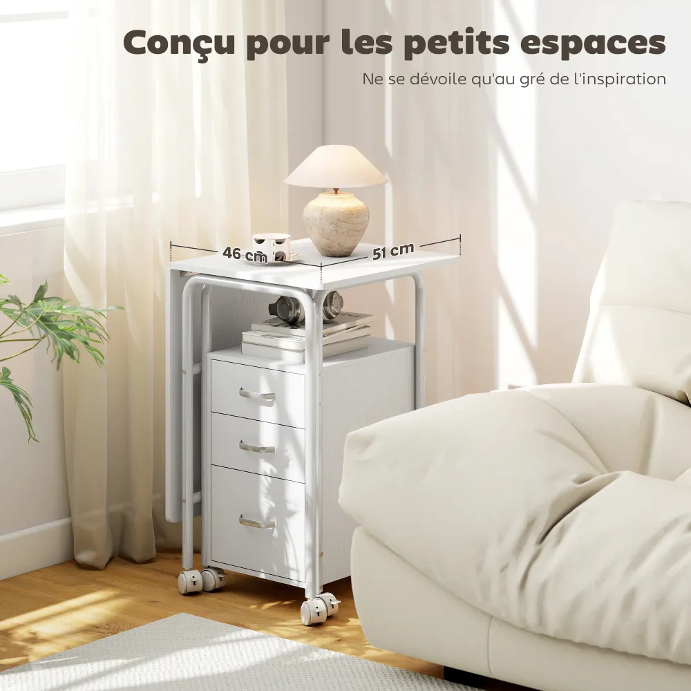 Bureau pliable sur roulettes avec 3 tiroirs, bureau d'ordinateur, plateau extensible, cadre en acier, 105x51x75,5cm, pour...