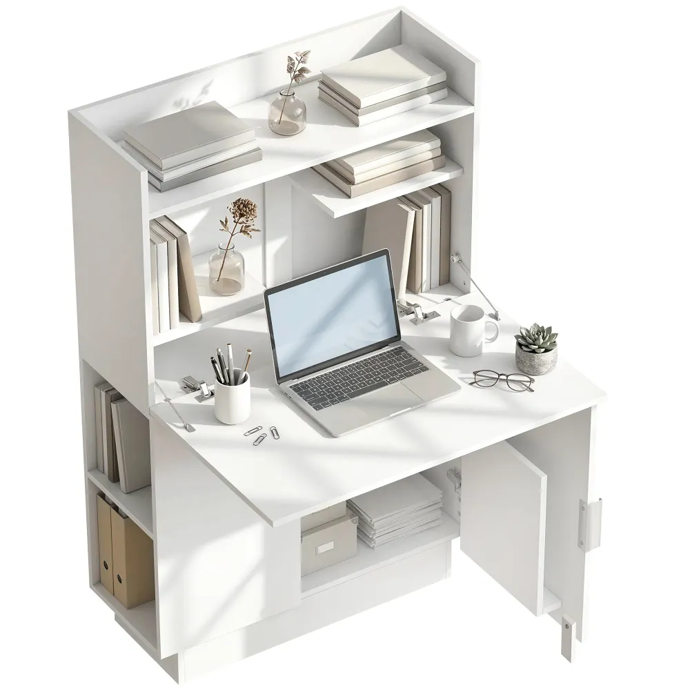Bureau Pliant, Bureau Informatique avec Plateau Rabattable, étagères de Rangement et Placard, Style Moderne, 80 x 30 x 128...