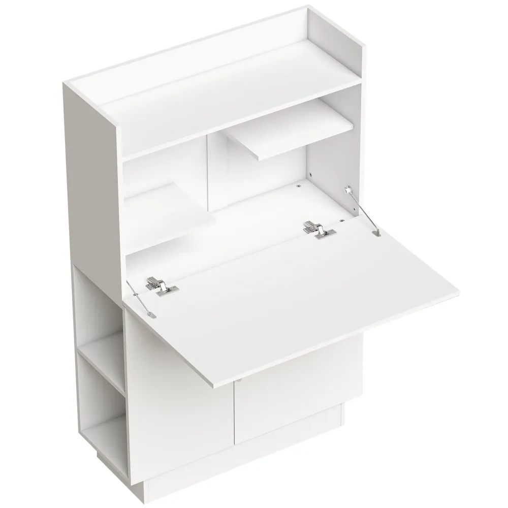 Bureau Pliant, Bureau Informatique avec Plateau Rabattable, étagères de Rangement et Placard, Style Moderne, 80 x 30 x 128...