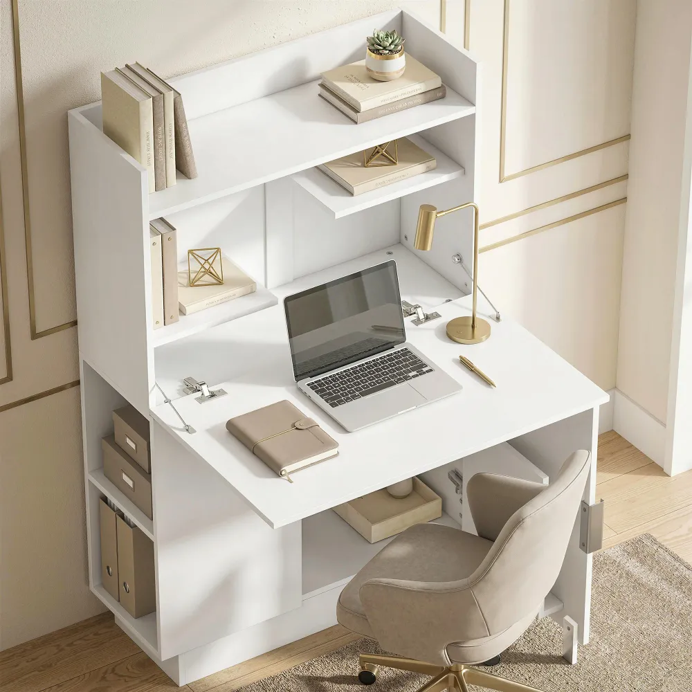 Bureau Pliant, Bureau Informatique avec Plateau Rabattable, étagères de Rangement et Placard, Style Moderne, 80 x 30 x 128...