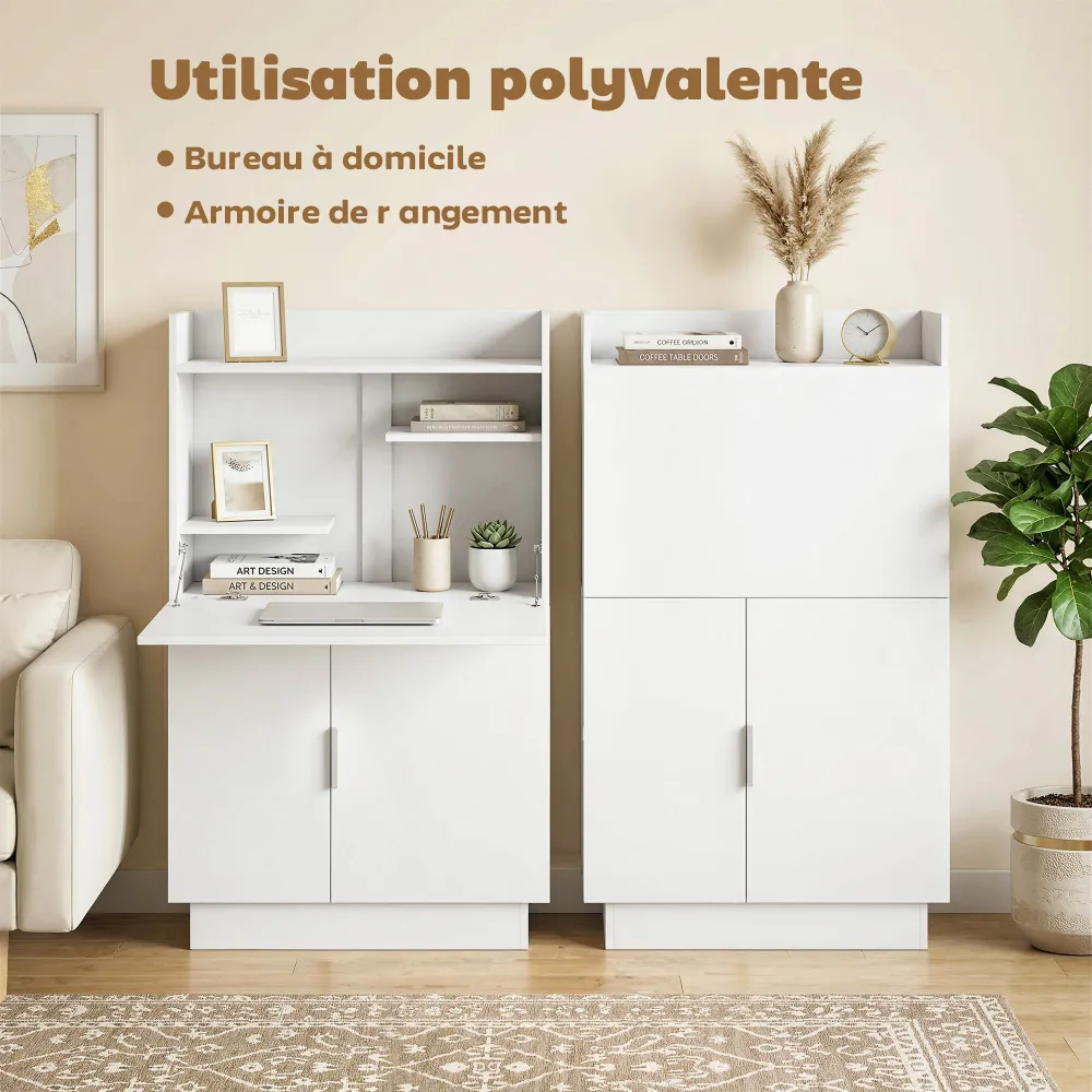 Bureau Pliant, Bureau Informatique avec Plateau Rabattable, étagères de Rangement et Placard, Style Moderne, 80 x 30 x 128...