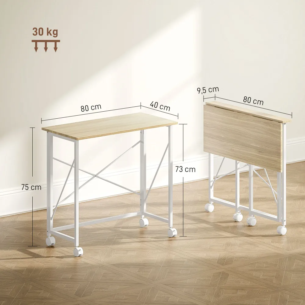 Bureau pliant table d'ordinateur 80 x 40 cm bureau sur roulettes style moderne pour domicile, chambre, petits espaces, chêne