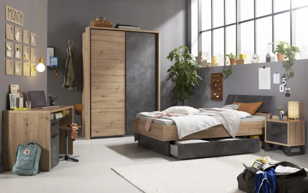 Bureau porte PC style industriel avec 1 porte et 1 tiroir en chêne et coloris noir 110 cm