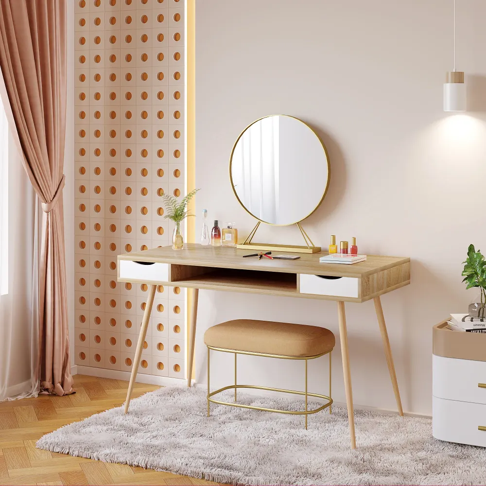 Bureau scandinave bois et blanc 120cm avec 2 tiroirs et une niche centrale