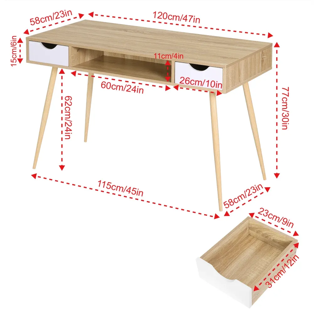 Bureau scandinave bois et blanc 120cm avec 2 tiroirs et une niche centrale