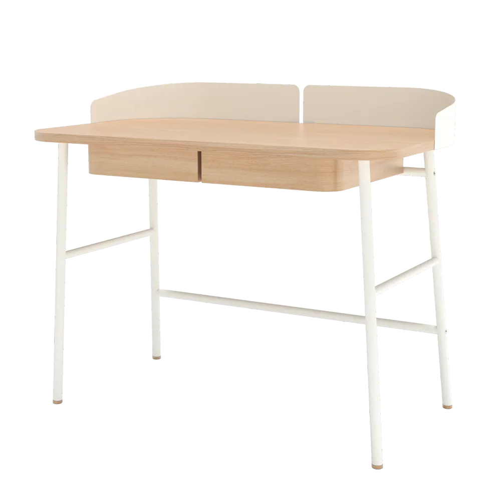 Bureau Victor, chêne naturel, métal blanc irisé