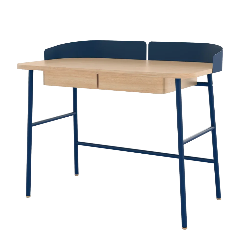 Bureau Victor, chêne naturel, métal bleu mat