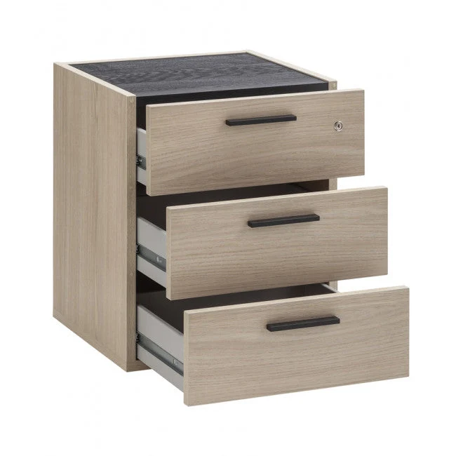 Caisson à tiroirs "Davinci" pour bureau chêne et noir avec roulettes escamotables et clé