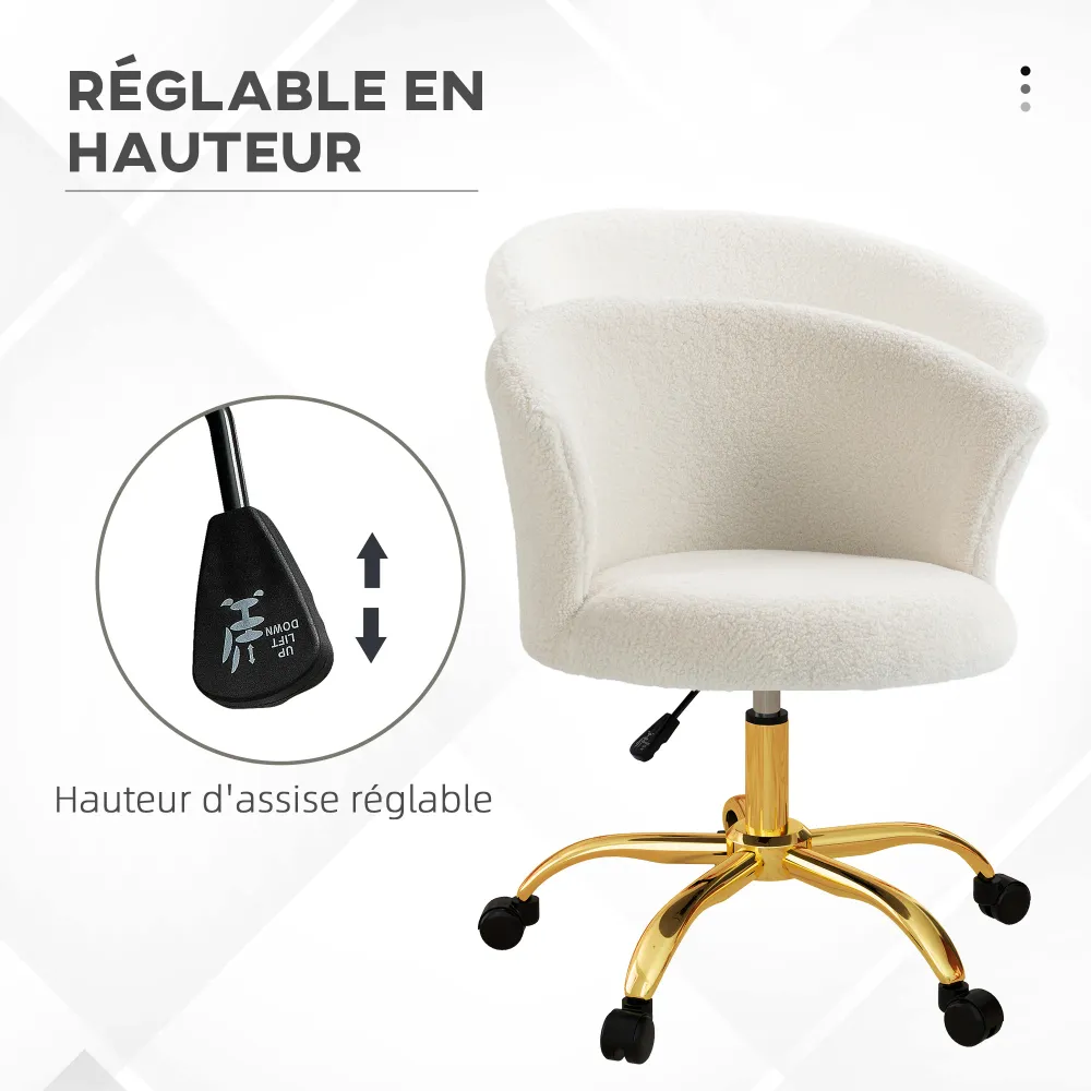 Chaise bureau ergonomique en polaire Teddy, chaise coiffeuse, fauteuil pivotante avec hauteur réglable, assise rembourrée...