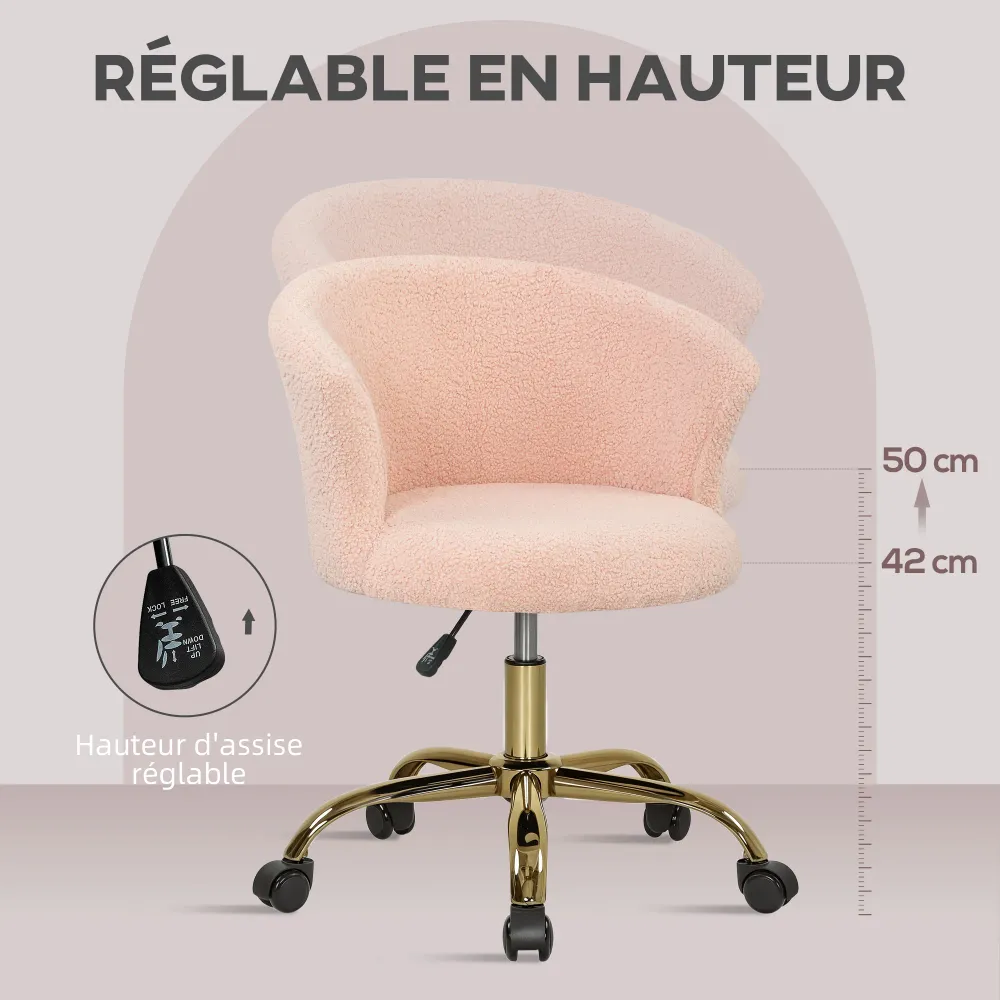 Chaise bureau ergonomique en polaire Teddy, chaise coiffeuse, fauteuil pivotante avec hauteur réglable, assise rembourrée...