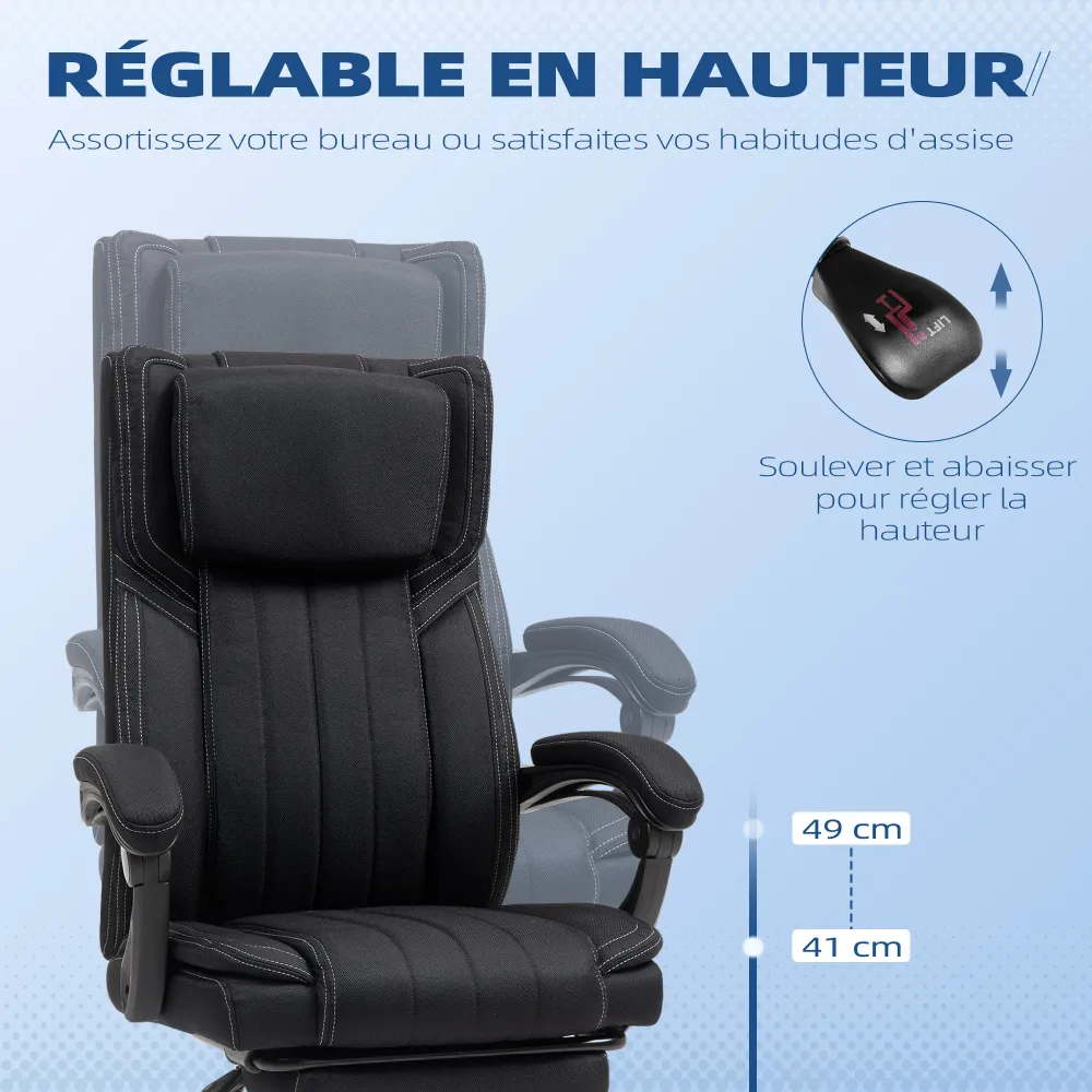 Chaise bureau fauteuil de bureau chaise ergonomique hauteur réglable dossier inclinable accoudoirs repose-pieds et appui-t...