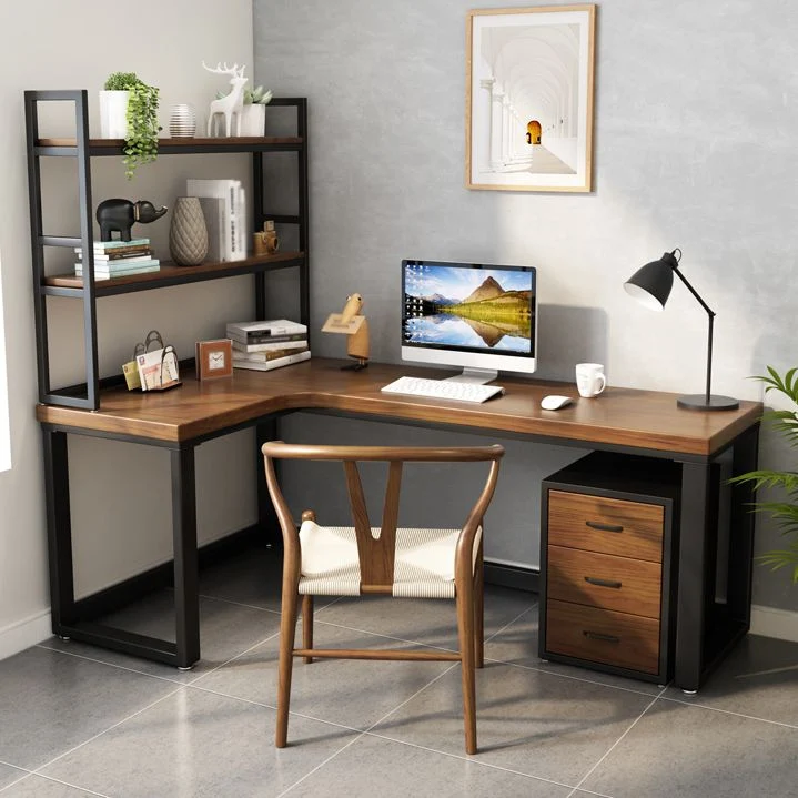 Bureau en bois massif, bureau en forme de L marron avec pied de table en acier noir Clearhalo