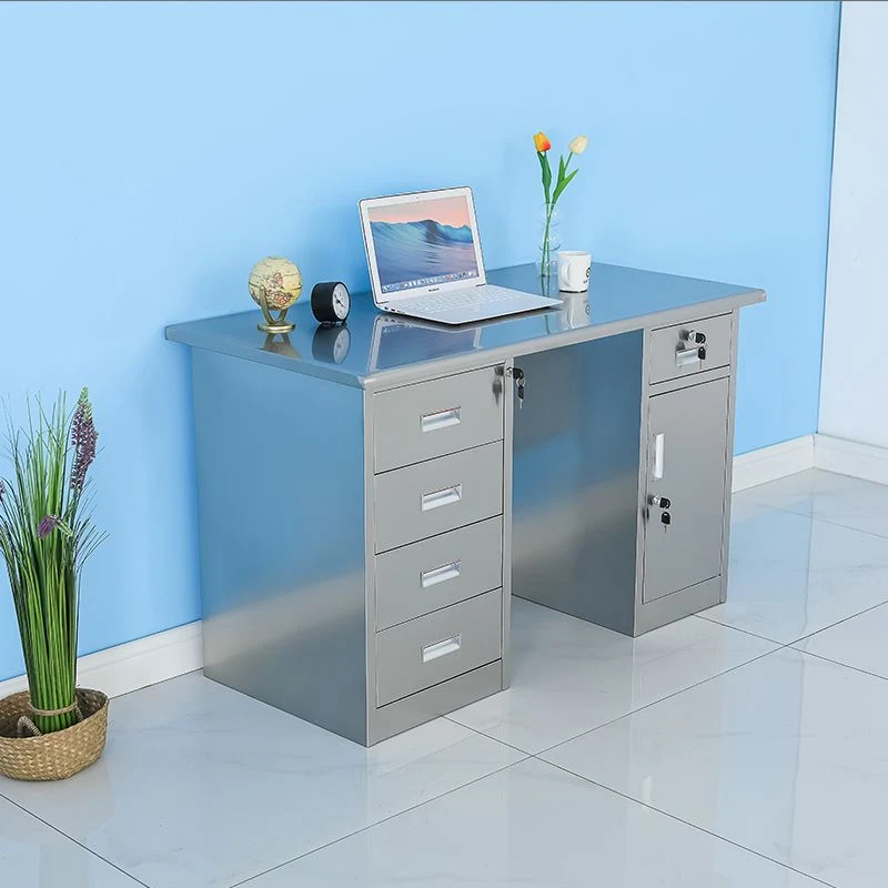 Bureau de bureau argenté de forme rectangulaire en acier inoxydable avec pieds en métal Clearhalo