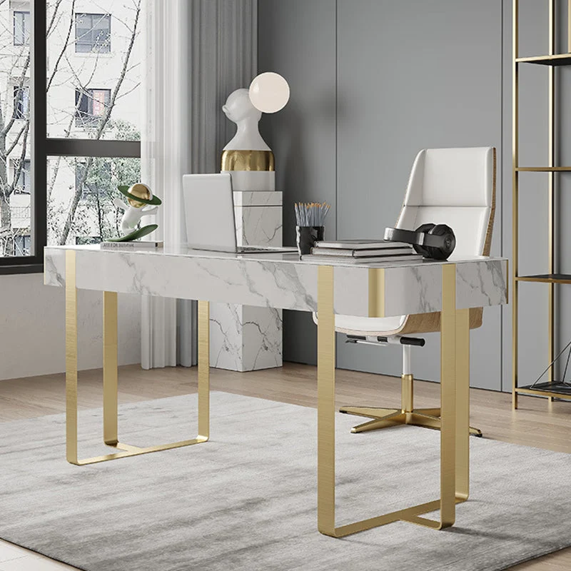 Bureau de bureau blanc incurvé avec 2 tiroirs, bureau d'écriture pour la maison Clearhalo