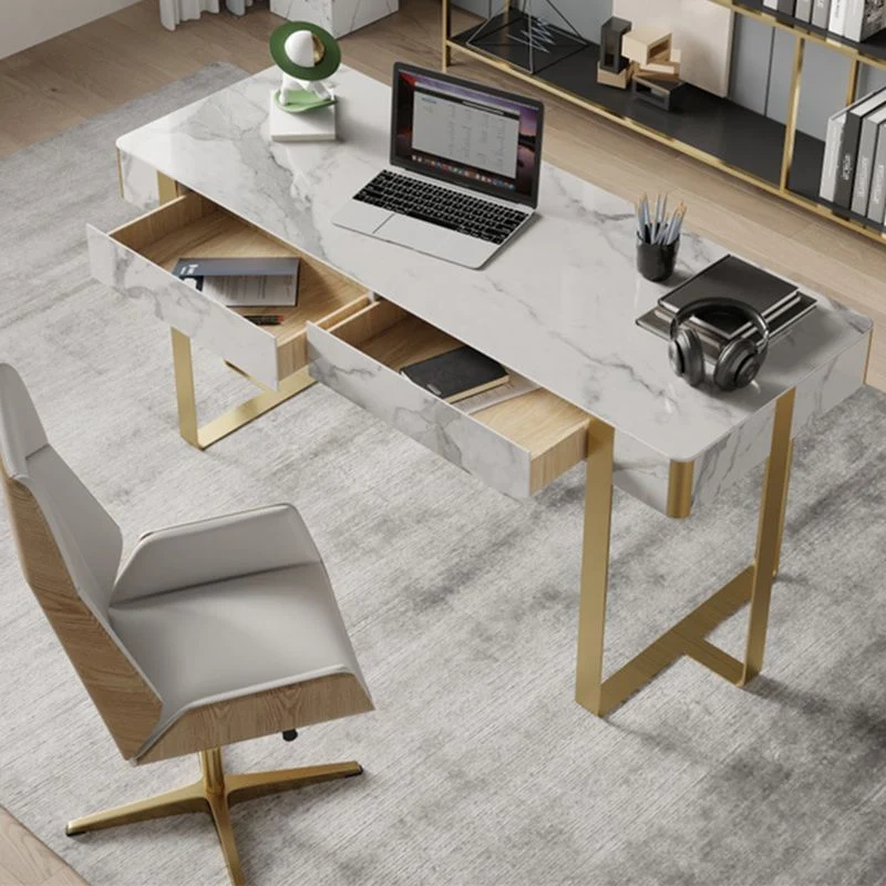 Bureau de bureau blanc incurvé avec 2 tiroirs, bureau d'écriture pour la maison Clearhalo