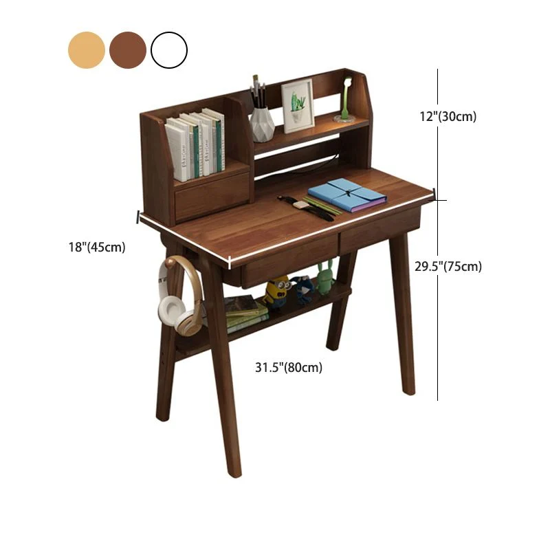 Bureau de bureau en bois d'hévé à 3 tiroirs, bureau d'écriture moderne avec étagères Clearhalo