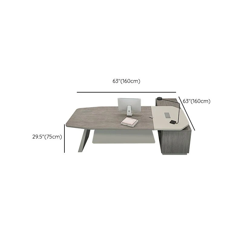 Bureau de bureau en bois de forme combinée, bureau d'écriture gris pour le bureau Clearhalo
