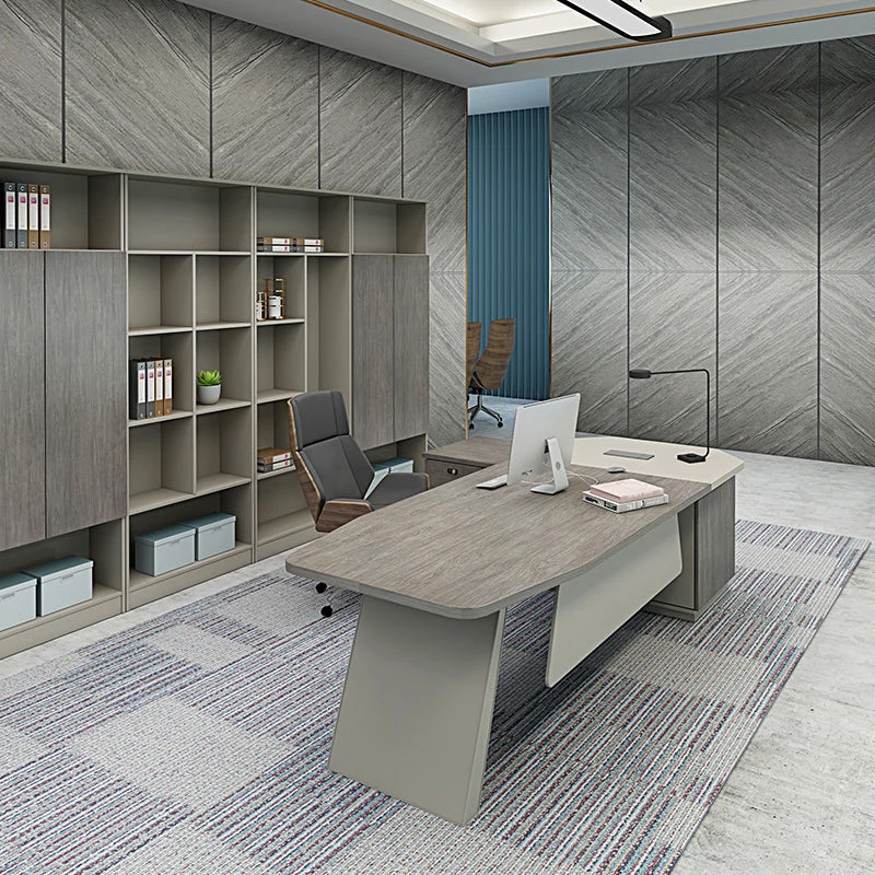 Bureau de bureau en bois de forme combinée, bureau d'écriture gris pour le bureau Clearhalo