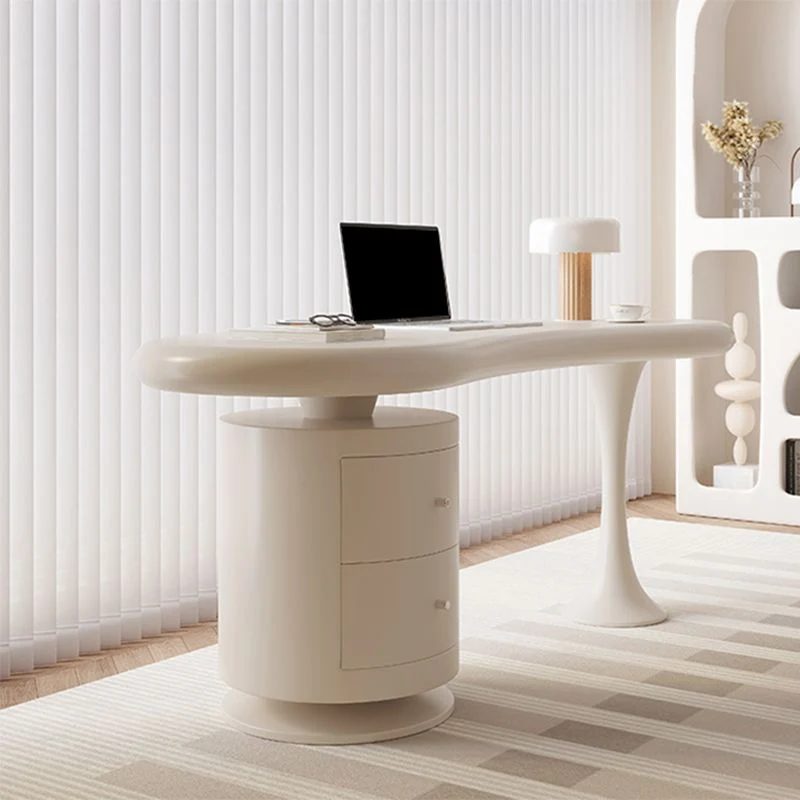 Bureau de bureau en bois de forme irrégulière, bureau d'écriture blanc avec 2 tiroirs Clearhalo