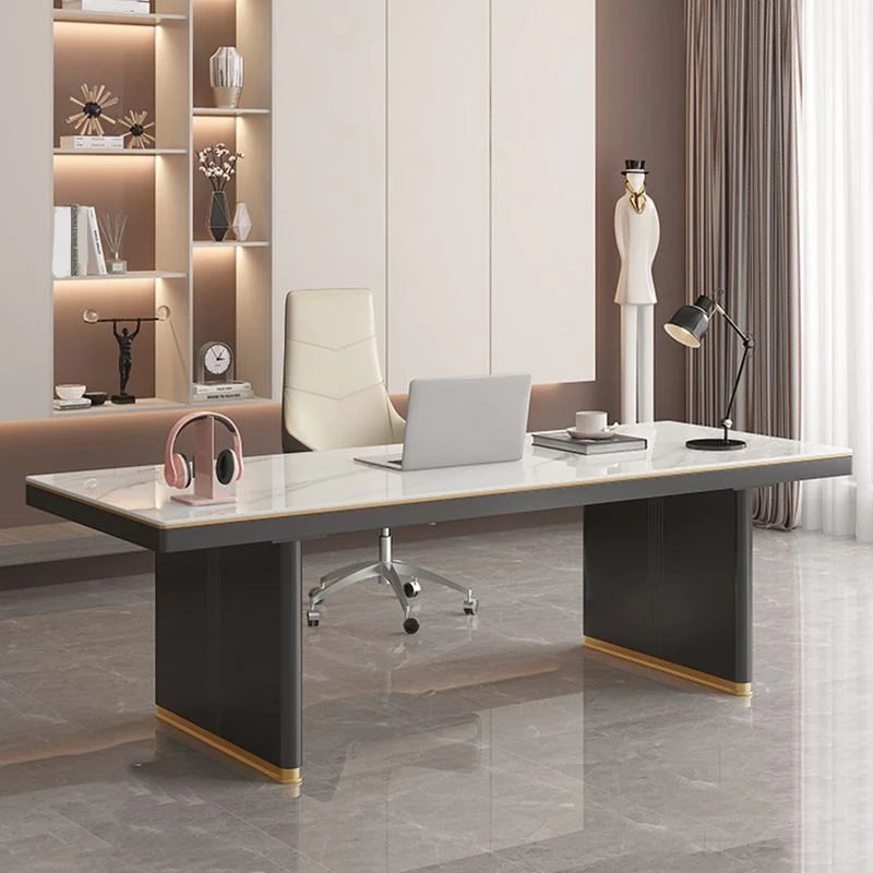 Bureau de bureau contemporain de forme rectangulaire, bureau de travail en pierre avec 2 pieds en blanc et noir Clearhalo