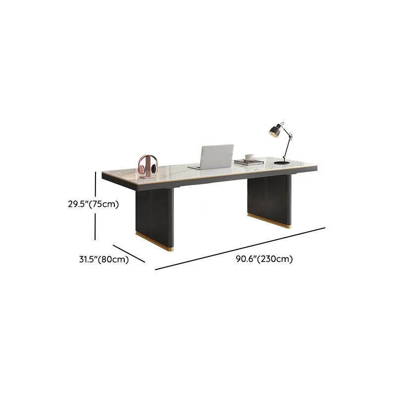 Bureau de bureau contemporain de forme rectangulaire, bureau de travail en pierre avec 2 pieds en blanc et noir Clearhalo