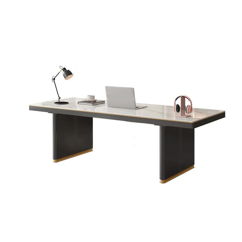 Bureau de bureau contemporain de forme rectangulaire, bureau de travail en pierre avec 2 pieds en blanc et noir Clearhalo