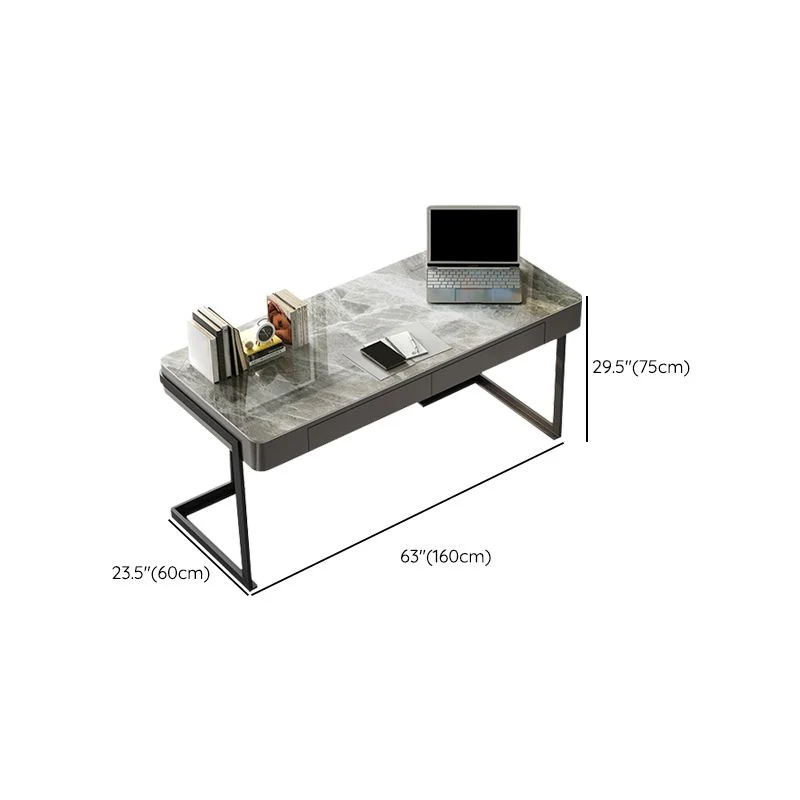 Bureau de bureau à domicile rectangulaire moderne, bureau d'écriture à base noire avec 2 tiroirs de rangement Clearhalo