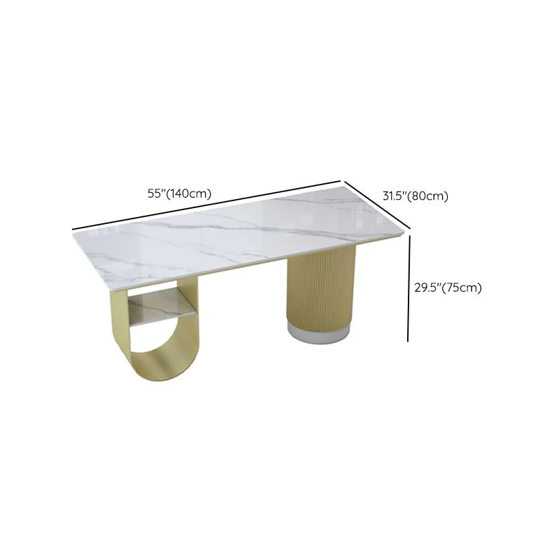 Bureau de bureau de forme rectangulaire, bureau d'écriture à 2 pieds en blanc et or pour le bureau Clearhalo