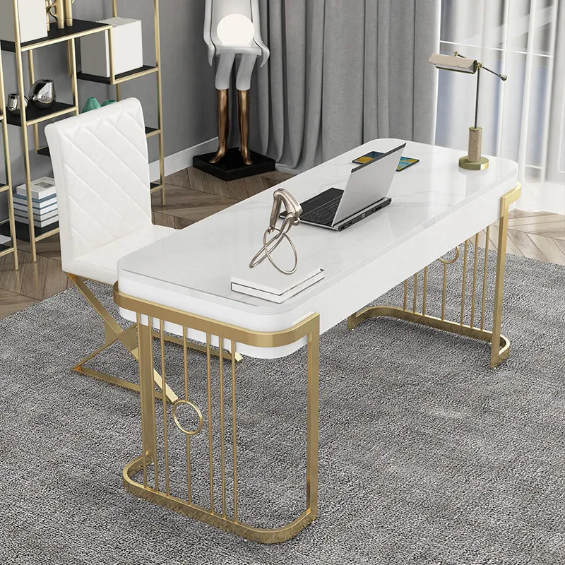 Bureau de bureau de forme rectangulaire, bureau d'écriture à 2 pieds en or et blanc pour le bureau Clearhalo