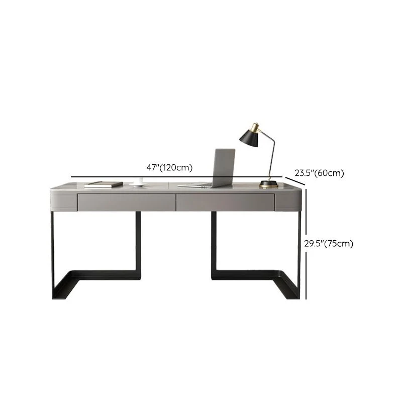 Bureau de bureau incurvé en pierre moderne de 23,62 po de haut, bureau gris avec 2 tiroirs Clearhalo