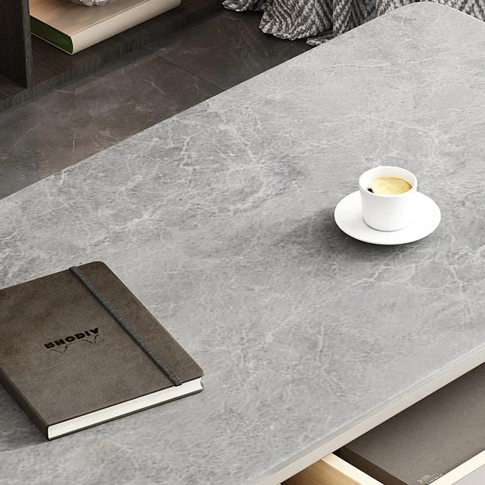 Bureau de bureau incurvé en pierre moderne de 23,62 po de haut, bureau gris avec 2 tiroirs Clearhalo