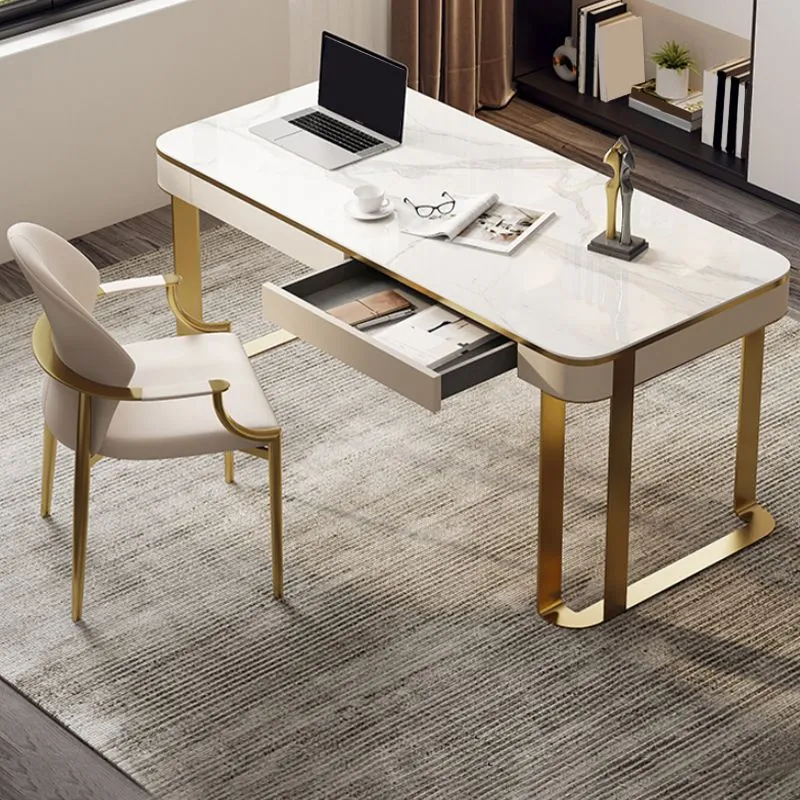 Bureau de bureau incurvé en pierre moderne de 29,53 po de haut, bureau d'écriture à 2 tiroirs Clearhalo