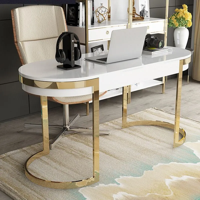 Bureau de bureau en marbre Glam avec base en métal doré pour bureau d'écriture à domicile Clearhalo