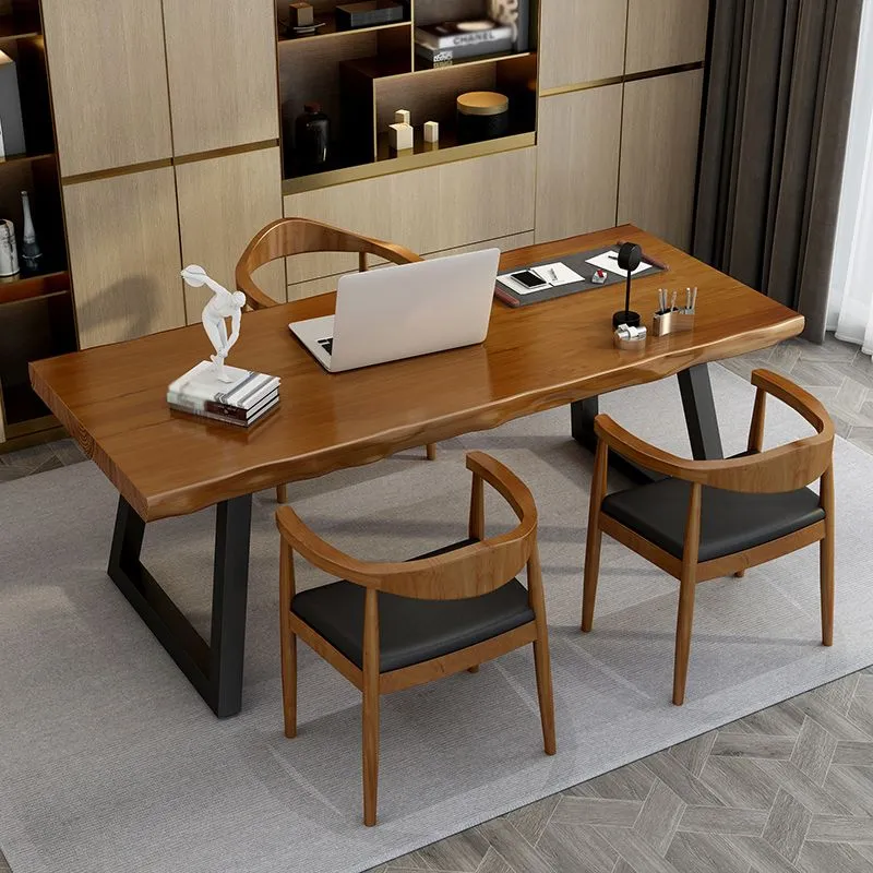 Bureau de bureau moderne à dessus marron, bureau d'écriture à domicile en bois massif pour le bureau Clearhalo