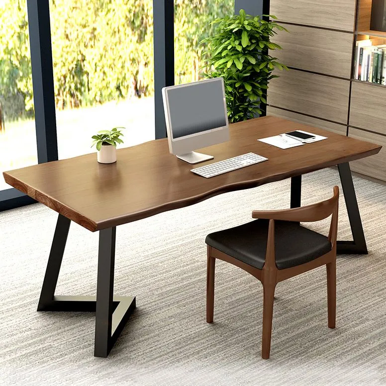 Bureau de bureau moderne à dessus marron, bureau d'écriture en bois massif pour la maison Clearhalo