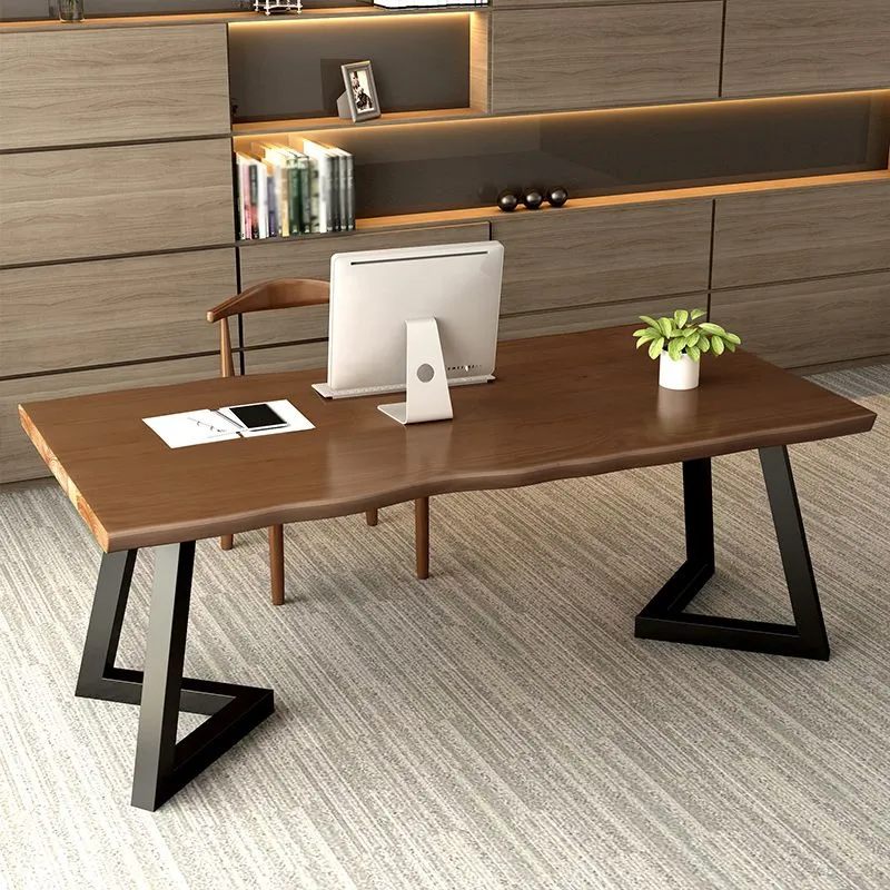 Bureau de bureau moderne à dessus marron, bureau d'écriture en bois massif pour la maison Clearhalo